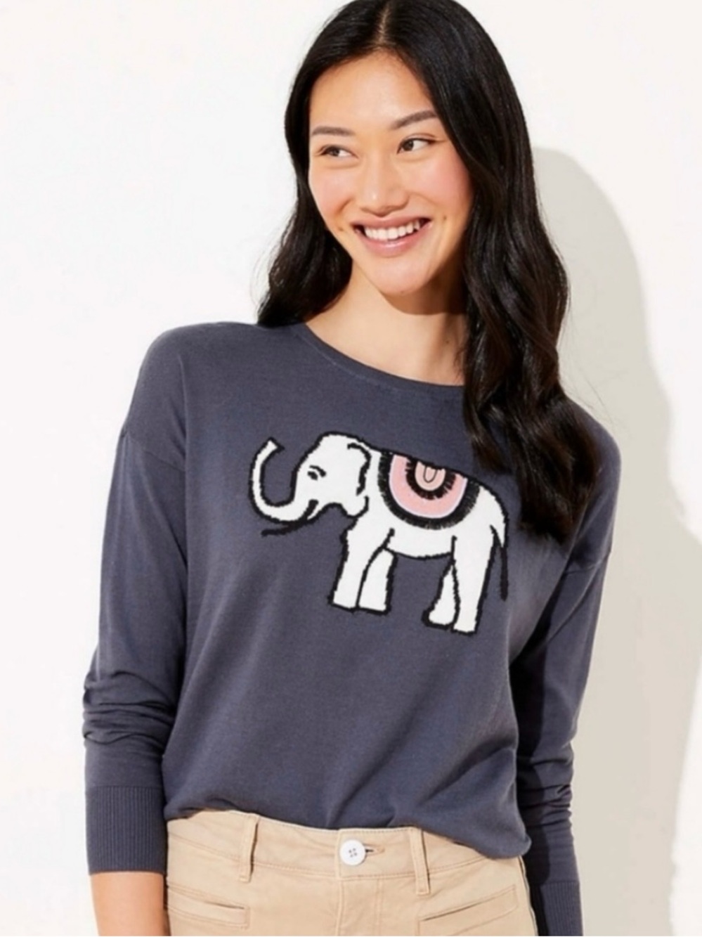 LOFT Charcoal Sweater with Embroidered Elephant